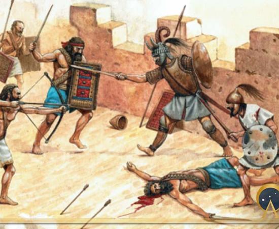 Attack of the Sea Peoples on Syrian fortification. Historical illustration. ( Lunstream / Adobe Stock)