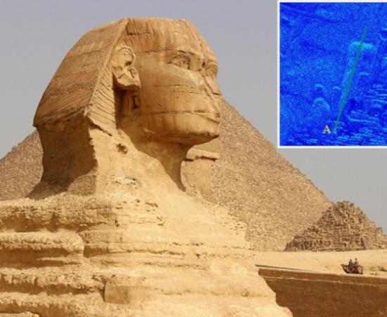 The Great Sphinx of Giza with the Pyramid of Khafre in the background. Insert scan of the proposed location of second sphinx.