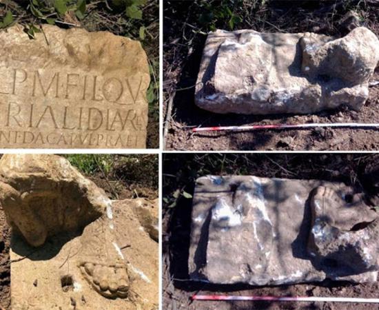 Stolen Serbian Roman artifact composite photo showing both sides of the stone, the sandal-covered feet, and the Roman inscription.  Source: National Museum in Belgrade