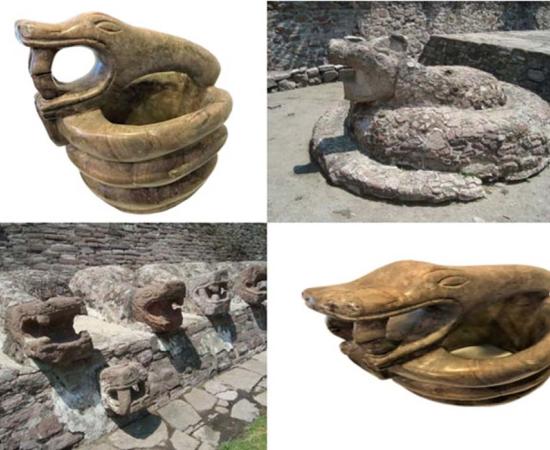 Top left to Bottom Left: Serpent artifact, (Author), Single serpent, Kukulkan, (Jose Miguel, Almeyda), Serpent model, (Author), Serpent heads Kukulkan, (Jose Miguel Almeyda)