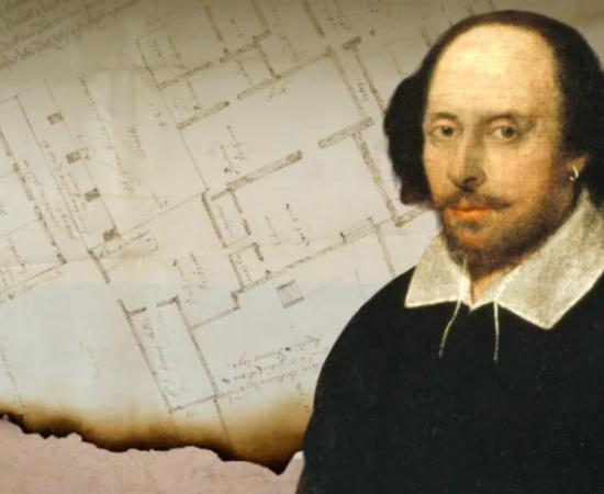 The Chandos portrait of William Shakespeare (attributed to John Taylor, c.1611), overlaid on the 1668 Blackfriars precinct plan