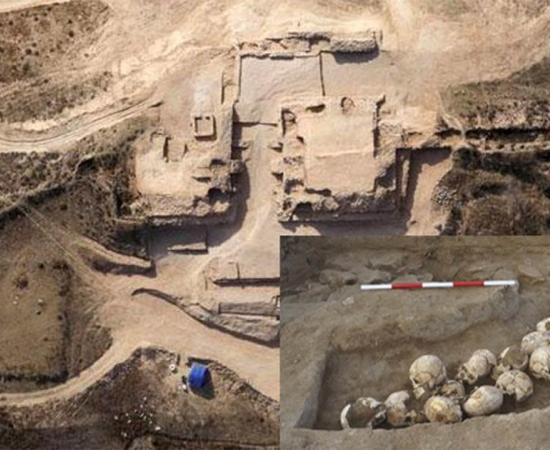 Aerial view of the Shimao archaeological site. (dfdaily) Insert: A pit of skulls unearthed at Shimao. (Zhouyong Sun et al. 2017)