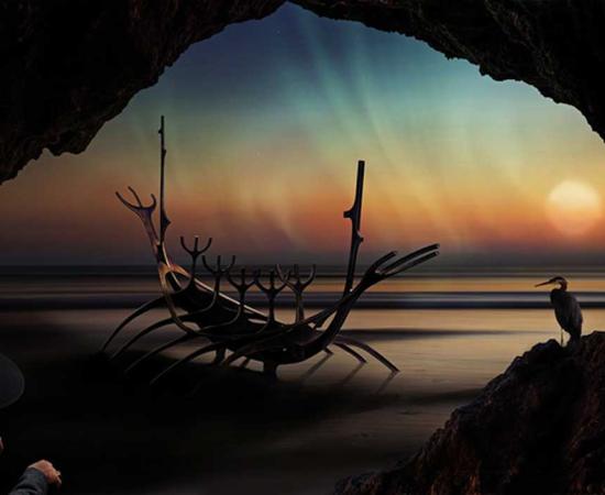 An imaginary depiction of the remains of a stranded Viking ship.