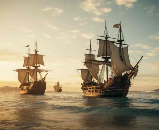 AI image of the three ships of Christopher Columbus: Santa Maria, Niña, and Pinta. Source: Charles/Adobe Stock 