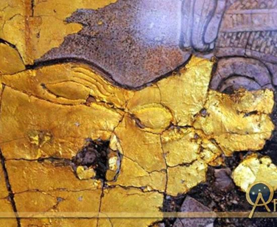 Detail from one of the three surviving planks of Queen Tiye's wooden shrine from KV55; made of wood, gesso and gold leaf. Egyptian Museum, Cairo.