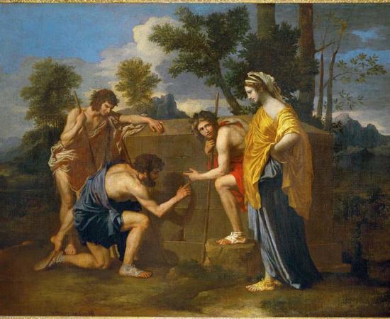 The Shepherds of Arcadia, by Nicolas Poussin, is reproduced on the Shepherd’s Monument, along with the Shugborough Inscription. Source: Public domain