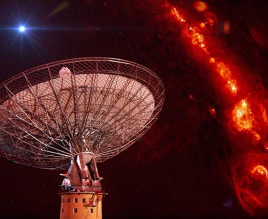 CSIRO's Parkes radio telescope with a representation of an FRB.