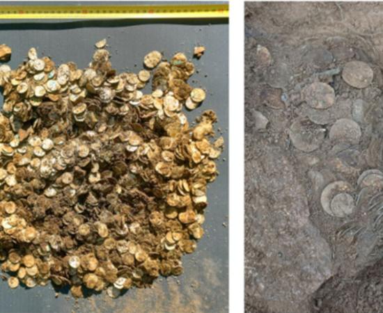 Left; Viking Age silver coins from the Sysmä hoard after recovery. Right; Viking Age silver coins in situ at the find site