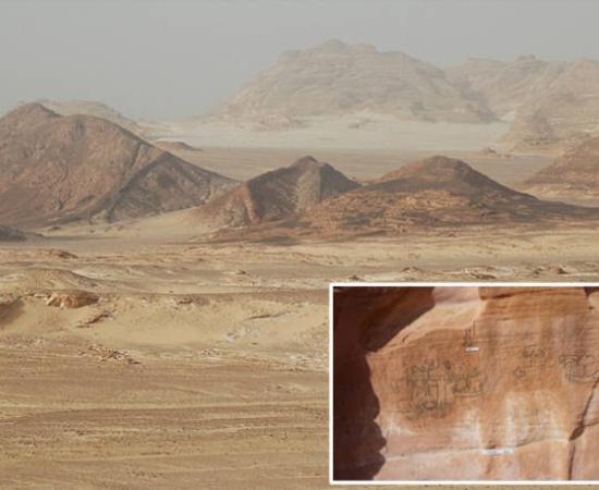 Sinai desert landscape, Egypt. Inset; the inscription found at Wadi Khamila, Sinai.