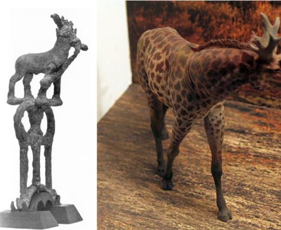 The so-called Sivatherium of Kish (Field Museum of Natural History/Edwin H. Colbert) compared to a modern representation of a Sivatherium in the Warsaw Museum of Evolution. (Shalom/CC BY-SA 3.0)
