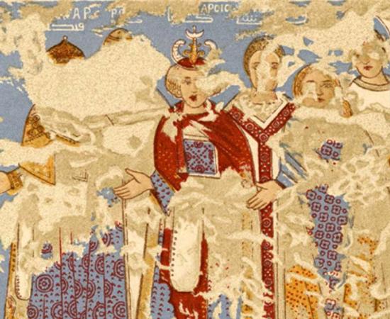 Drawing of the Six Kings of the Earth fresco at Qasr Amra. Source: Public domain