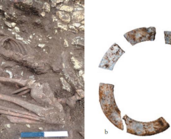 A female burial in a flexed position, adorned with a mother-of-pearl shell bracelet. (Left) The shell bracelet made from mother-of-pearl.