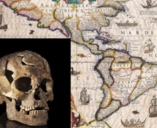 Map of the Americas circa 1619. Insert: Paleoamerican skull from Burial 1, Lapa do Santo site, Brazil. 