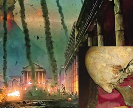 Scene of destruction in the film “Pompeii 3d” (2014). (La Stampa/CC BY NC ND) Insert: Remains of a skull attributed to Pliny the Elder from the Museo di Storia dell'Arte Sanitaria in Rome. 