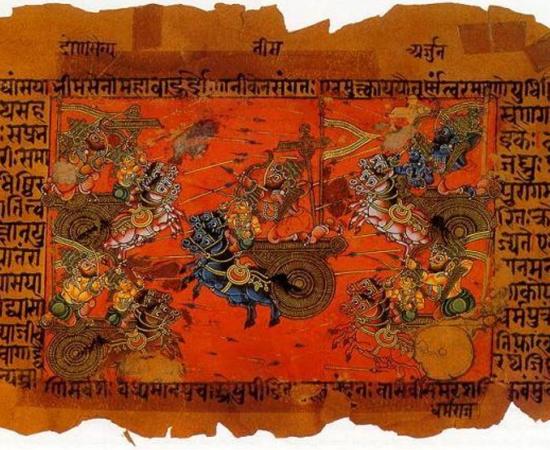 A manuscript illustration of the Sky Battle of Kurukshetra, fought between the Kauravas and the Pandavas, recorded in the Mahabharata Epic