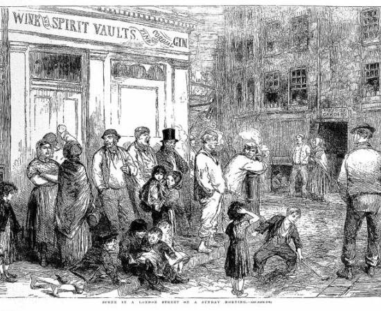 Engraving titled 'Scene in a London Street on a Sunday Morning'