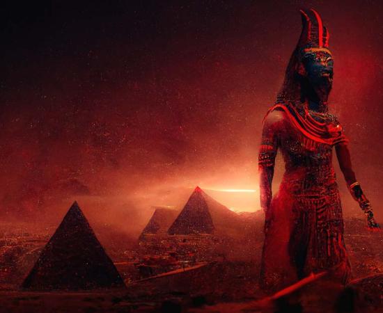 AI image of a female pharaoh in a mask and desert with pyramids. Source: MiaStendal