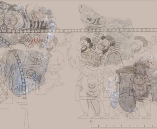 Reconstruction of the scene of fire worship from the ‘Rectangular Hall’ laid over reconstructed placement of the painting fragments from the scene of fire worship