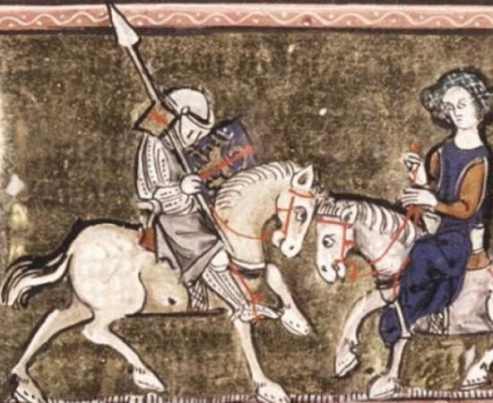 Illustration from the early 14th-century chivalric romance, the Prose Lancelot. 