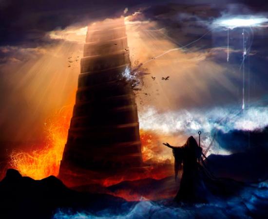 Sorcerer in hood standing in front of an ancient destructed Babylon tower with flood, fire & hurricane illustration