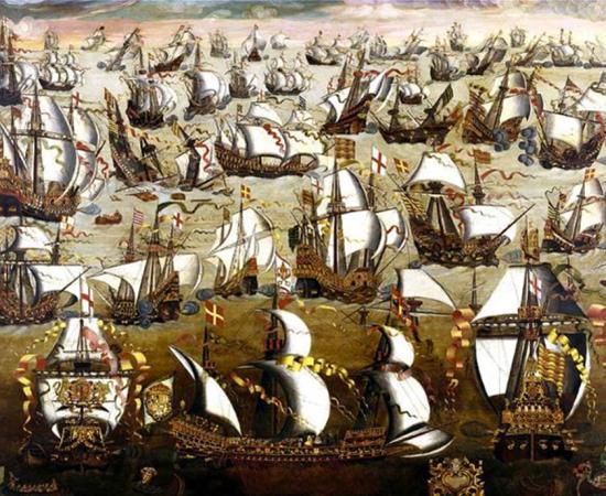 The Spanish Armada and English ships in August 1588, (unknown, 16th-century, English School) 