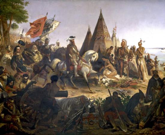 Hernando De Soto and Spanish Conquistadores seeing the Mississippi River for the first time.