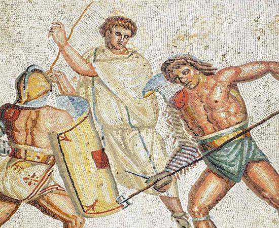 Gladiator mosaic at a Roman villa in Nennig, Germany. Source: Carole Raddato / CC BY-SA 2.0 DEED