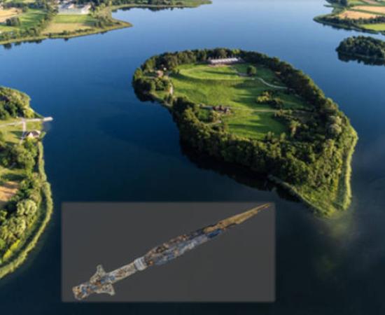 The island of Ostrów Lednicki, one of the main strongholds of Mieszko I and Bolesław the Brave. Inset; Ornately decorated spearhead.