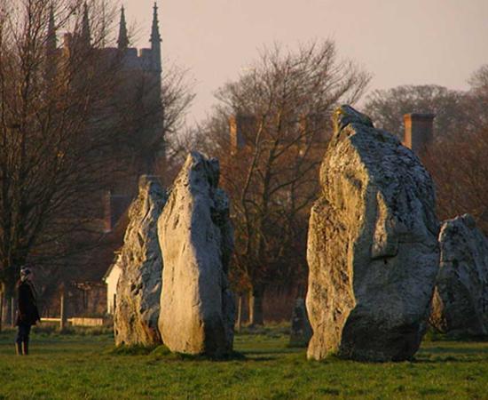 Stones in the South Circle viewed from the south-east quadrant bank. The tower of St James church is in the background.