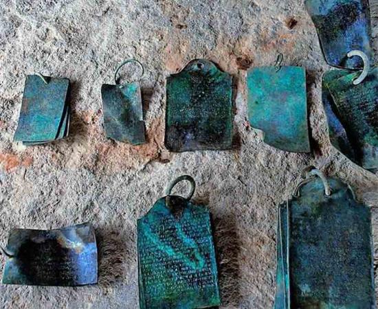 Six sets of copper plates that were discovered at the Ghanta Matham in Srisailam in June 2021.	