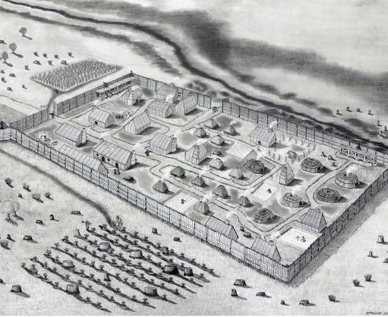 A conjectural drawing of the St. Mary's Fort settlement in Maryland in 1634.             Source: Jeffrey R. Parno / Historic St. Mary's City