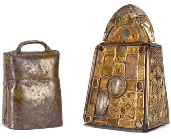 St. Patrick’s Bell (left) is a simple design. The shrine (right) later designed to cover it is quite intricate. Source: National Museum of Ireland / CC BY SA 2.0