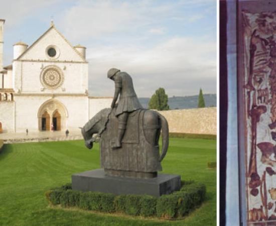 Left; The Basilica of Saint Francis in Assisi, Italy, where the saint's remains will be displayed in 2026. Right, The skeletal remains of St Francis of Assisi. 
