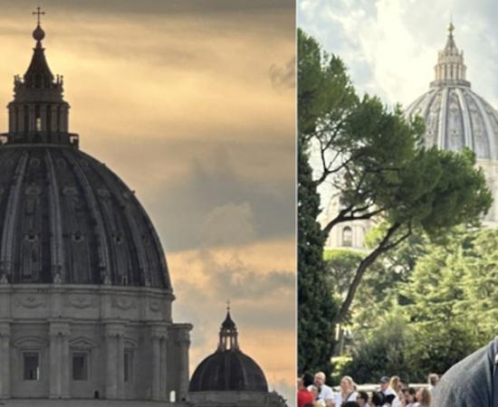 Left; Sunset behind the mighty dome of St. Peter’s Basilica, Vatican City. Right; The author with the dome of St. Peter’s taken from the Vatican Gardens. 