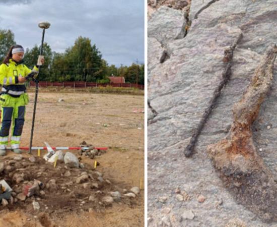 Left; Tamara Gomez Kobayashi examines one of the newly discovered graves in Pryssgården. Right; a knife with a curved edge used for working leather and a needle for sewing leather. 	