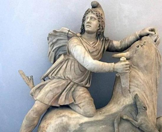 Statue of Mithras sacrificing the bull. Second half of 2nd century AD. Originally found in Rome. Museo Archeologico Nazionale, Venice, Italy.