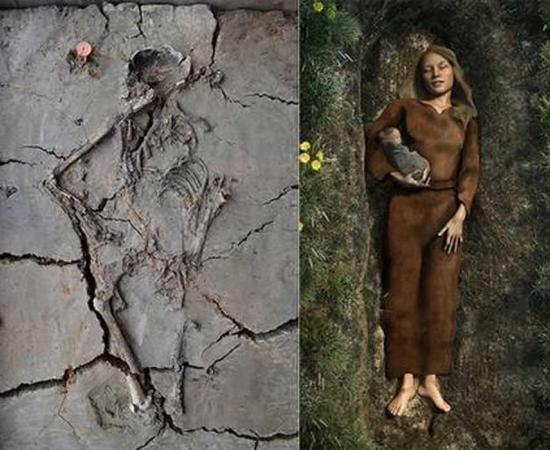 Left: The baby was found tucked under the arm of a woman in a grave in Nieuwegein, the Netherlands. Right: An artist's impression of the grave. 