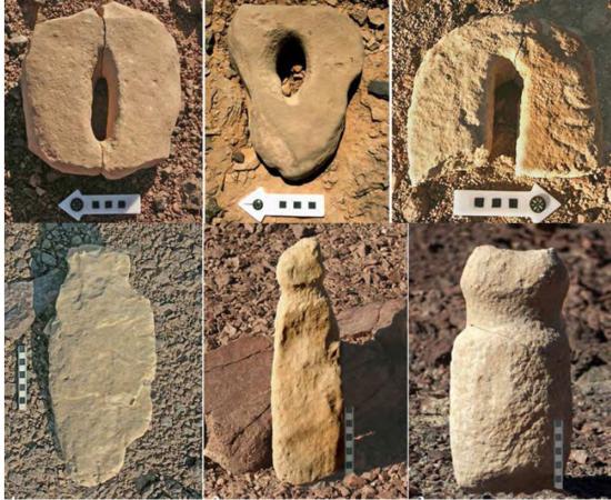 Stone worked in the shape of vulvas (top) and penises from neolithic cult sites in the Eilat Mountains 