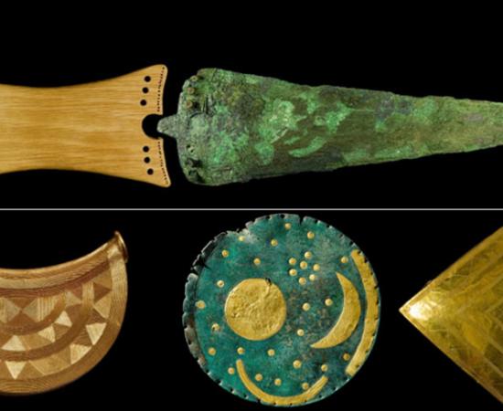 From upper left clockwise: Bronze Age sun pendant, 1000–800 BC, Source: © The Trustees of the British Museum; The world-famous Nebra Sky Disc of Germany from about 1600 BC. (Juraj Lipták / State Office for Heritage Management and Archaeology Saxony-Anhalt); Bush Barrow gold lozenge of the Bush Barrow grave goods,1950–1600 BC Amesbury, Wiltshire, England, Source: David Bukach / Wiltshire Museum; Dagger from the Bush Barrow grave goods with replica handle, 1950–1600 BC, Amesbury, Wiltshire, England, Source: D
