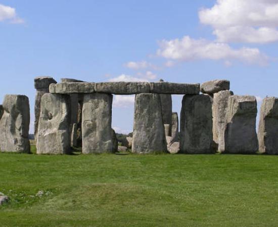 Stonehenge's iconic stone circle on Salisbury Plain on a clear day.