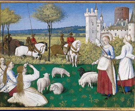 Saint Margaret and Olybrius. Margaret herds sheep when Olybrius arrives by Fouquet 15th Century. 