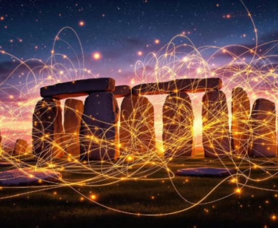  Ancient megalithic site glowing with vibrant subatomic wave patterns, ethereal particles, twilight. 