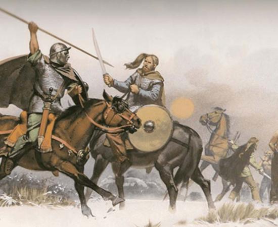 A fight between a Roman and a Germanic warrior.