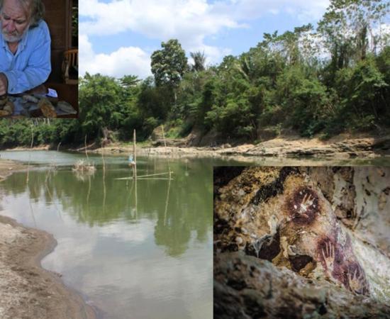 The Walanae River at Paroto, east of Talepu, where some of the tools were found. Inserts: Professor Mike Morwood in 2009 examining stone artifacts collected near Talepu and Hand stencils in the Cave of Fingers.