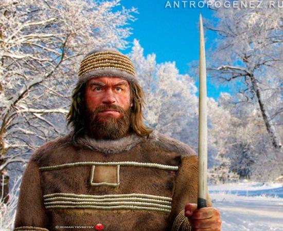 Reconstruction of Sungir man with mammoth tusk spear.