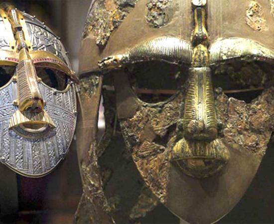 The Sutton Hoo movie that will tell the story of the famous Anglo-Saxon treasure is due to come out on Netflix soon. Right: A replica of the Sutton Hoo helmet produced for the British Museum by the Royal Armouries. (CC BY-SA 2.5). Left: The original Sutton Hoo helmet. (CC BY-SA 2.0)