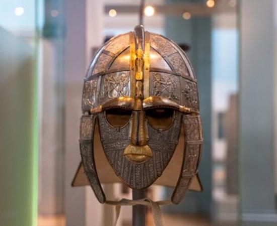 A replica of the Sutton Hoo helmet produced for the British Museum by the Royal Armouries.