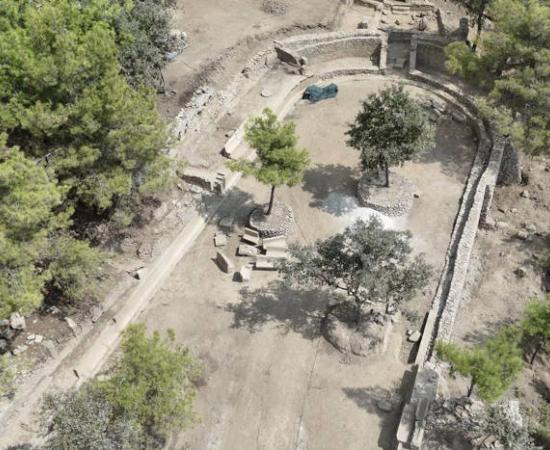 Aerial view of the 1,800-year-old Roman stadium carved into bedrock.