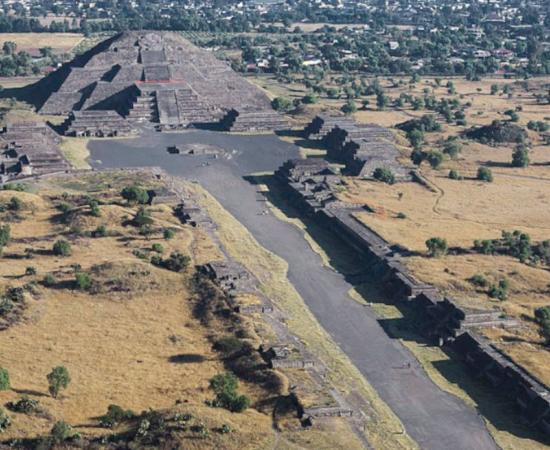 Overhead view of the Avenue of the Dead leading to the Pyramid of the Moon.