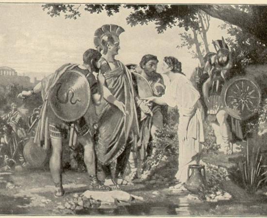 Tarpeia meeting with the Sabines and promising to open the gates for them, in her infamous betrayal of Rome.